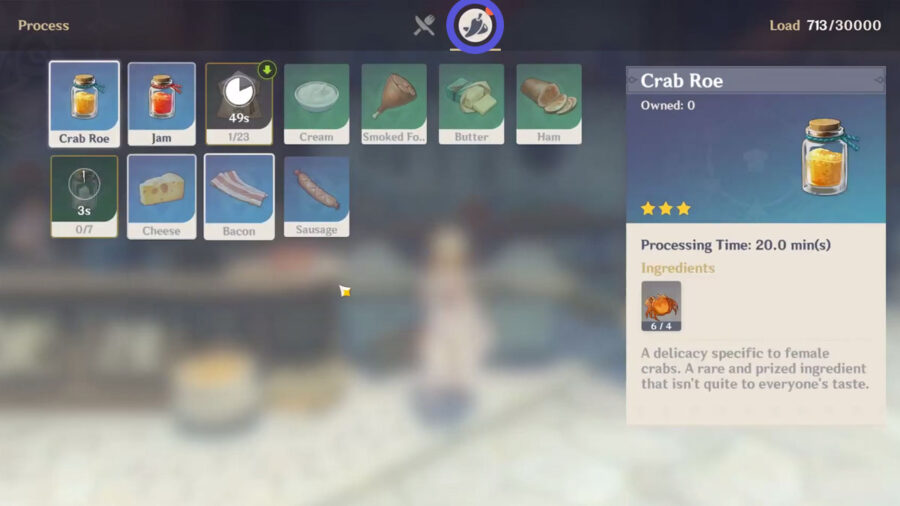 Menu de traitement des ingrédients dans Genshin Impact