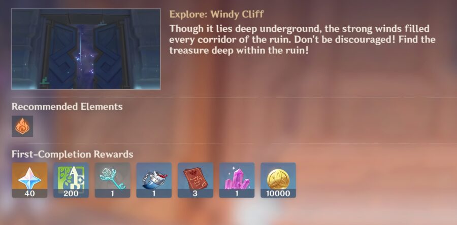 Une capture d'écran des récompenses d'achèvement pour la première fois d'un donjon dans Genshin Impact