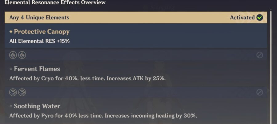 Une capture d'écran de Elemental Resonance dans Genshin Impact