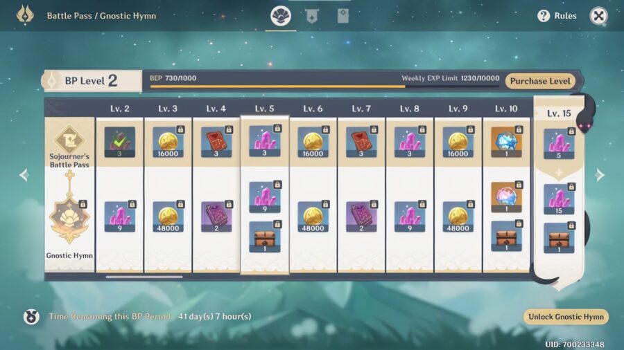 Une capture d'écran du Battle Pass dans Genshin Impact lorsque vous atteignez le rang d'aventure 20