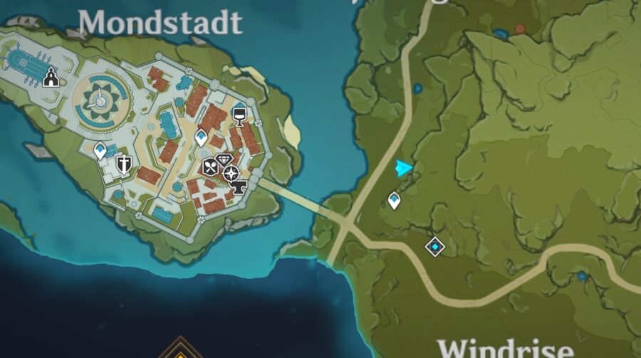 Une capture d'écran de la carte dans Genshin Impact montrant où se trouve le minerai de fer