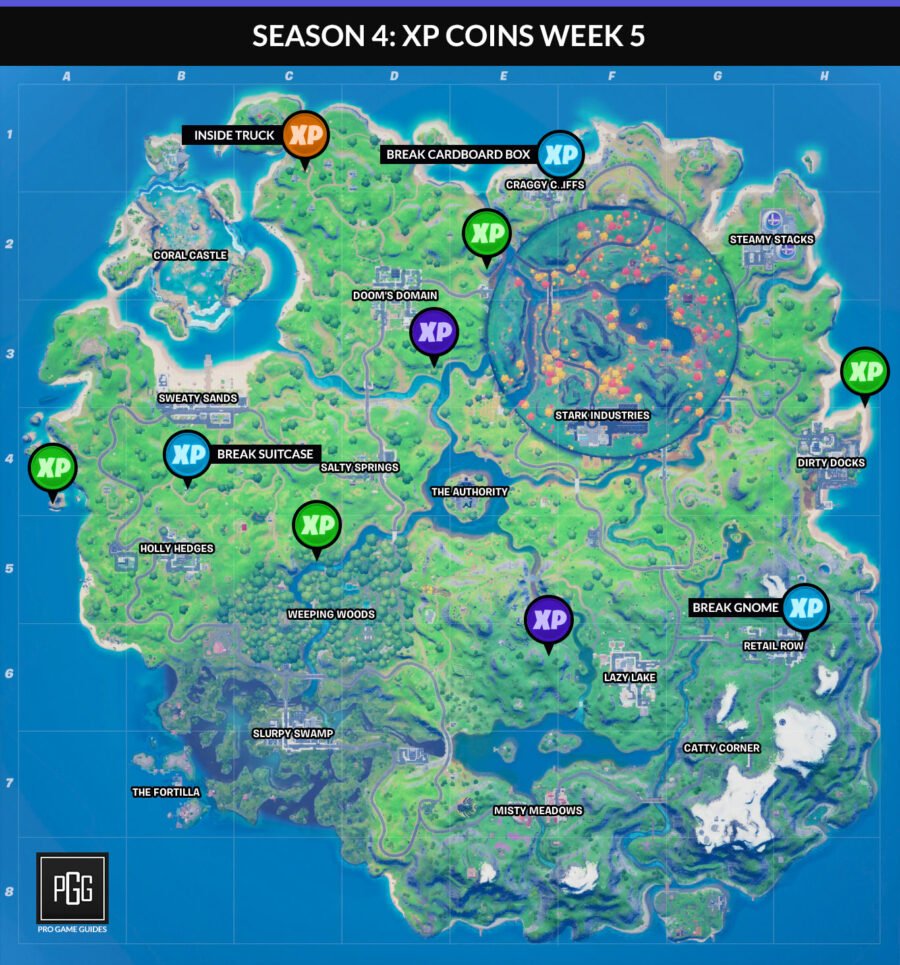 Carte des pièces XP Fortnite Chapter 2 Saison 4 Semaine 5