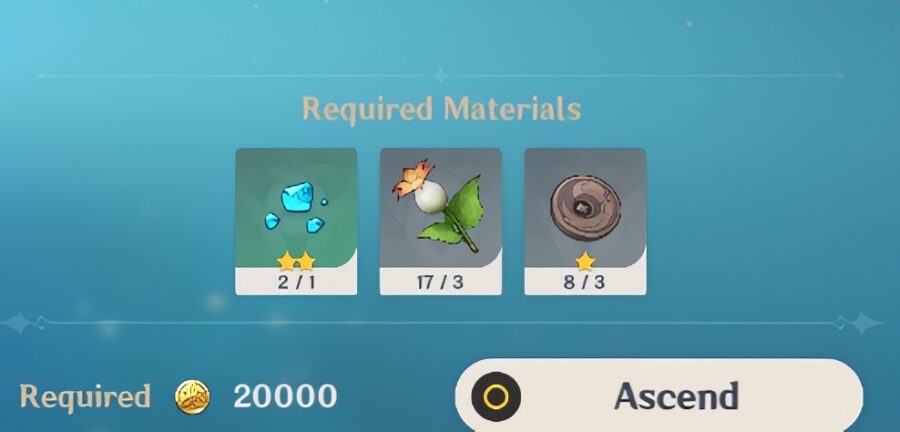 Une capture d'écran des matériaux dont un personnage a besoin pour s'élever dans Genshin Impact