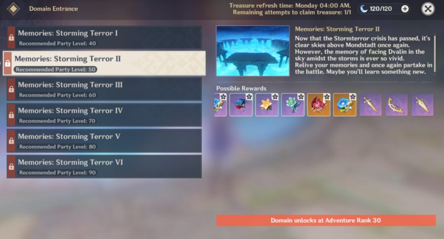 Une capture d'écran montrant les niveaux de rang d'aventure nécessaires pour le domaine Stormterror dans Genshin Impact.