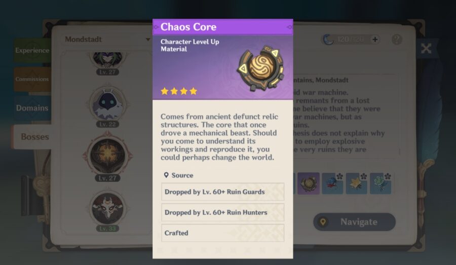 Une capture d'écran du matériel Chaos Core nécessaire à l'ascension d'arme