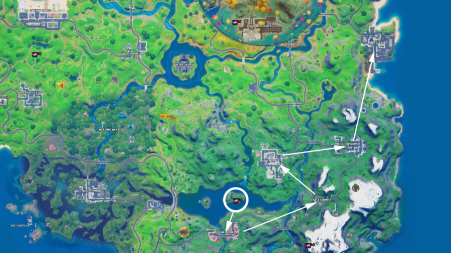 Carte du chemin de voyage des cinq emplacements nommés Fortnite