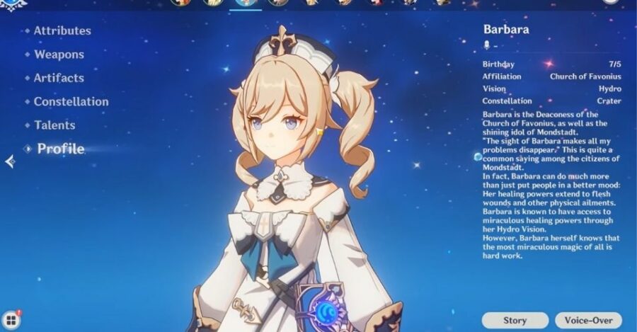 Écran de menu de Barbara