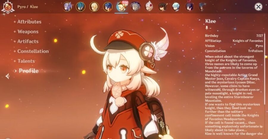 Menu Ascension de Klee