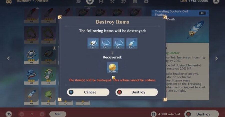 Détruire des artefacts dans Genshin Impact