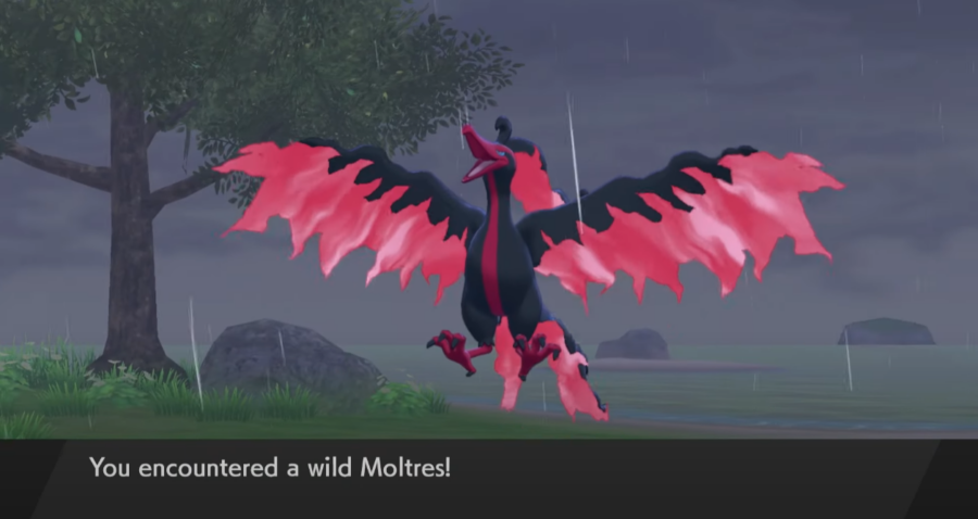 Une capture d'écran montrant le nouveau Galarian Moltres dans le DLC The Crown Tundra
