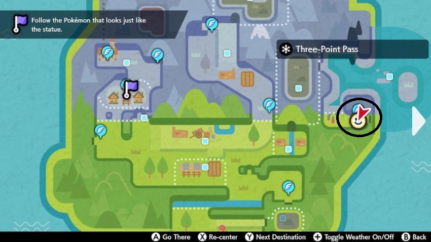 Une capture d'écran de la carte dans Pokemon Sword and Shield de la zone de la toundra de la Couronne montrant où se trouvent les ruines des tombes de Regieliki et Regidrago