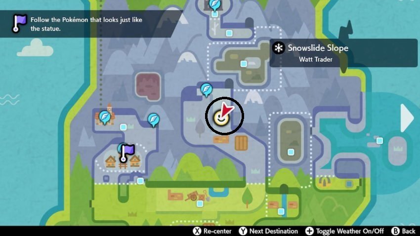 Une capture d'écran de la carte dans Pokemon Sword and Shield de la zone de la toundra de la couronne montrant où se trouve le temple Regice