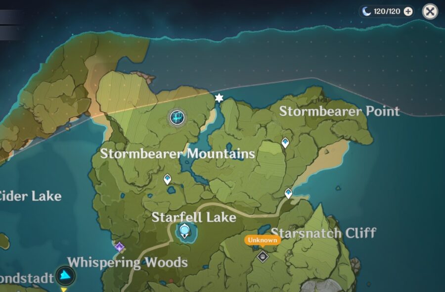 Une capture d'écran de la carte de Genshin Impact montrant l'emplacement d'un coffre caché.