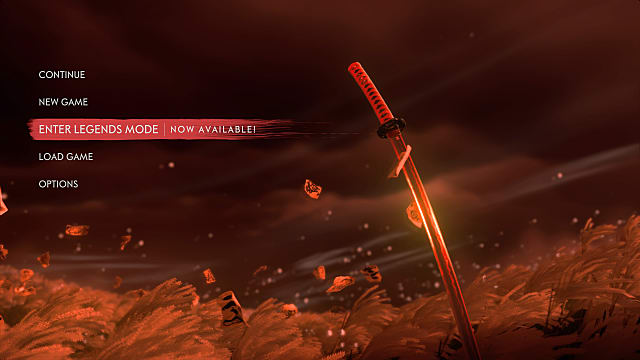 Une capture d'écran de l'écran de titre d'ouverture de Ghost of Tsushima montrant la nouvelle option du mode Légendes