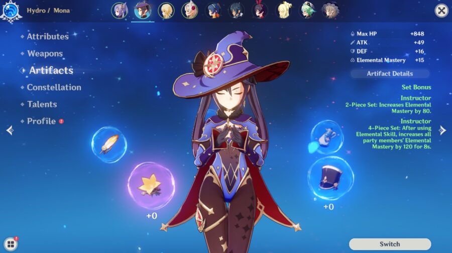 Une capture d'écran dans Genshin Impact, montrant les bonus de l'ensemble d'artefacts