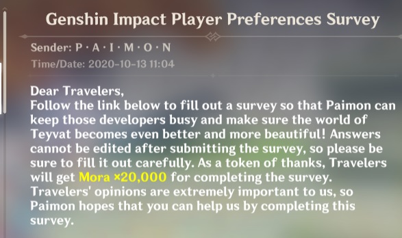 Une capture d'écran de l'e-mail que miHoYo a envoyé aux utilisateurs du jeu dans Genshin Impact.