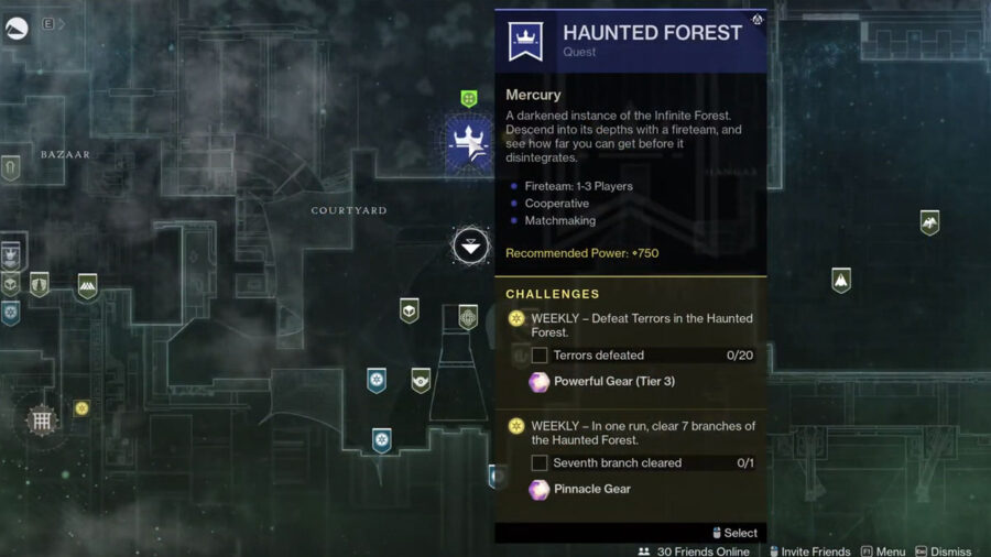 Carte de l'emplacement de la forêt hantée dans Destiny 2