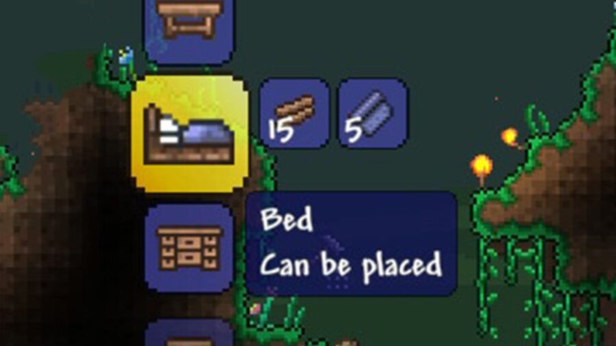 Une capture d'écran du lit sur le point d'être fabriqué à Terraria