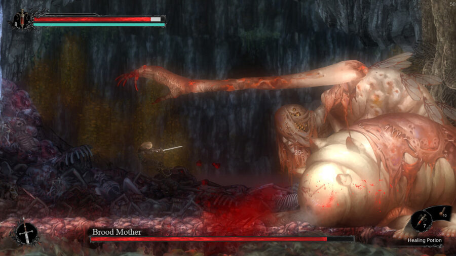 Une capture d'écran du deuxième boss dans Vigil: The Longest Night - Brood Mother