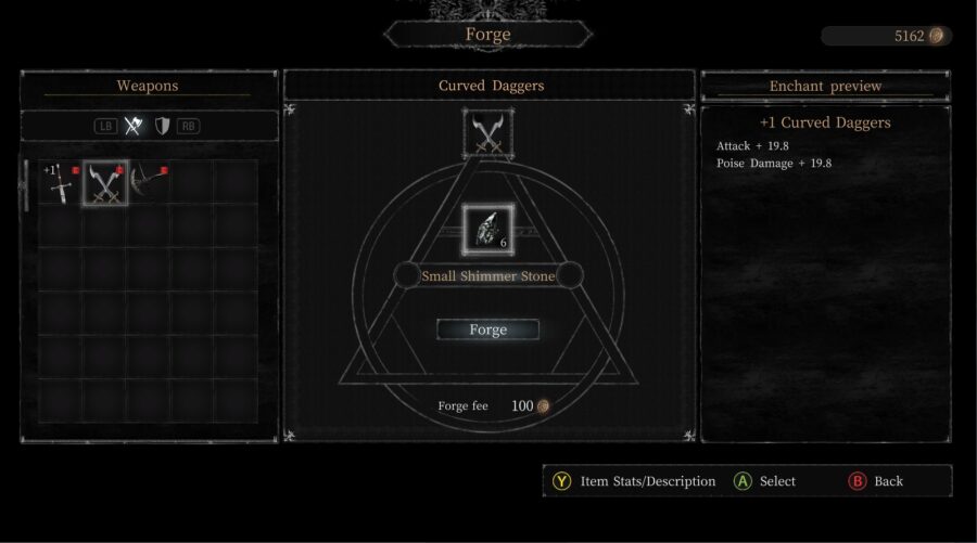 Une capture d'écran du menu Forger dans Vigil: The Longest Night