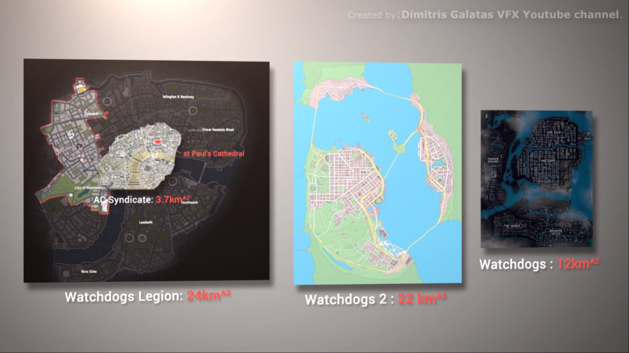 Une capture d'écran comparant le monde des trois jeux WAtch Dogs en tailles