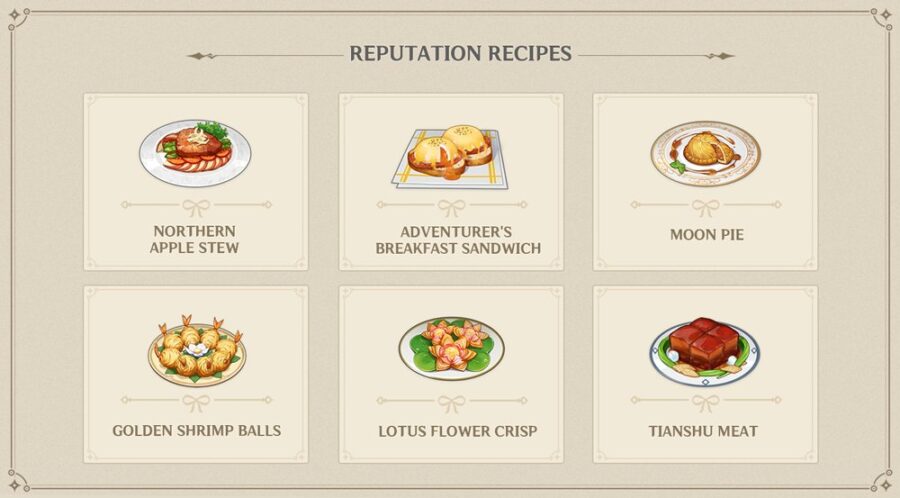 Une photo montrant les nouvelles recettes fournies avec le système de réputation à venir sur Genshin Impact dans la mise à jour 1.1