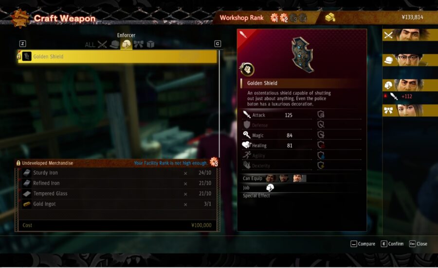 Une capture d'écran de l'arme bouclier dans la boutique d'artisanat Romance Workshop à Yakuza: Like a Dragon