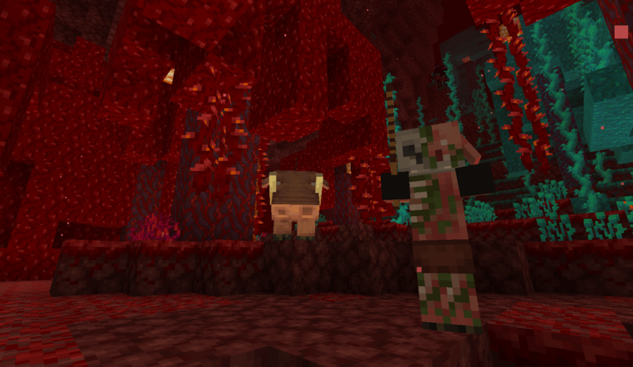 Minecraft Crimson Forest et ses habitants.