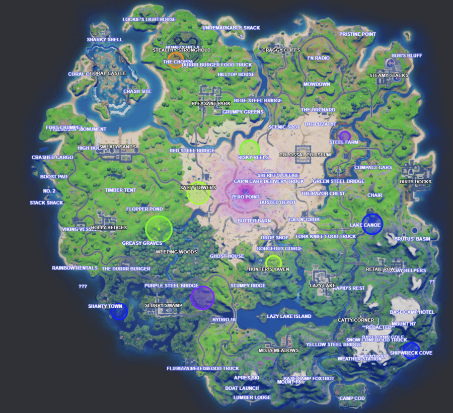 Une carte de Fortnite montrant l'emplacement des pièces XP de la semaine 8