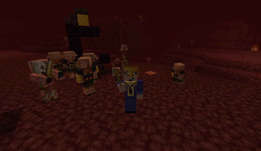 Barish devant plusieurs Piglins.