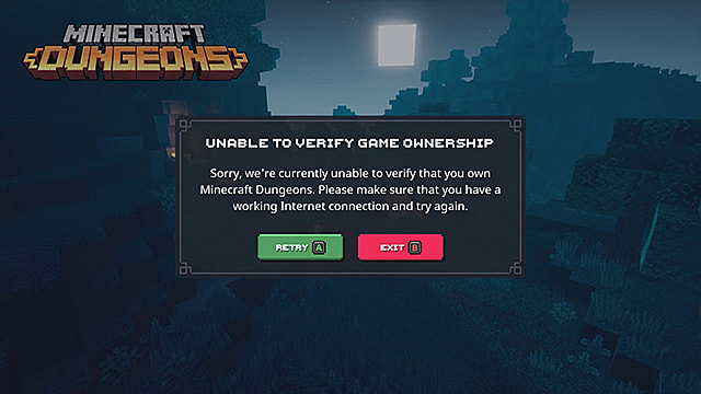 Minecraft Dungeons Impossible de vérifier le correctif de propriété du jeu
