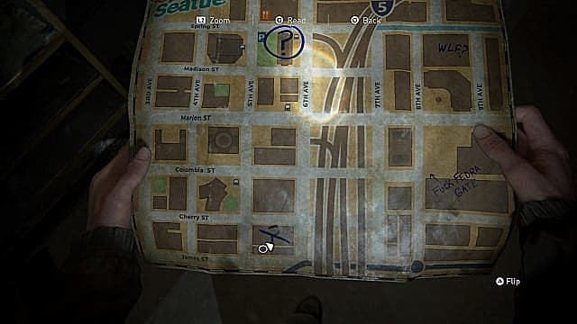 Carte du centre-ville de Seattle montrant l'emplacement du fusil à pompe dans The Last of Us 2. 