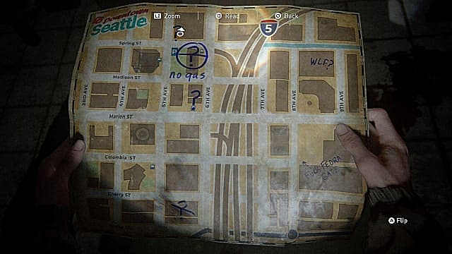 Une carte du centre-ville de Seattle dans The Last of Us 2 montrant l'emplacement clé de Barko's Pet Store.