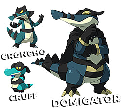 Évolutions de Domigator, du petit alligator au grand alligator.