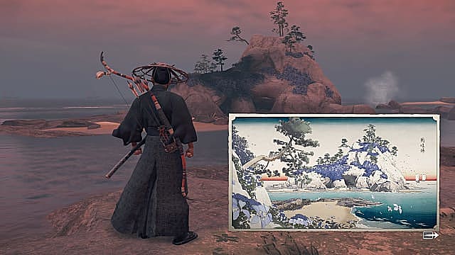 Jin debout sur un rocher regardant une île avec une œuvre d'art japonaise de l'île superposée.