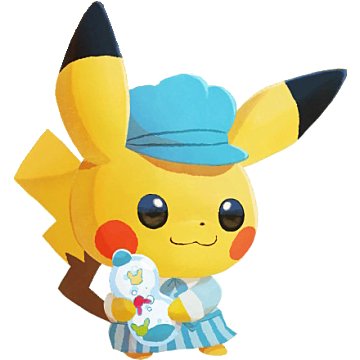 Sweets Pikachu portant un chapeau bleu et tenant des bonbons.