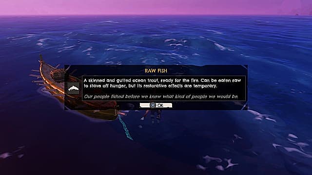 Un bateau en bois flotte en pleine mer sur un horizon violet avec un menu détaillant un poisson cru dans Windbound. 