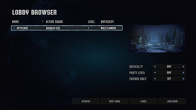 Le menu du lobby coopératif, affichant les noms des joueurs, les noms des équipes, le niveau, la difficulté et le niveau du groupe.