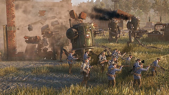 Un groupe de soldats Polania chemise bleue tirant à travers un champ avec des robots cylindriques verts derrière eux.