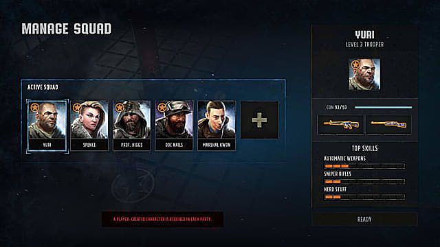 Le menu Wasteland 3 Squad, montrant cinq avatars de personnages et leurs compétences.