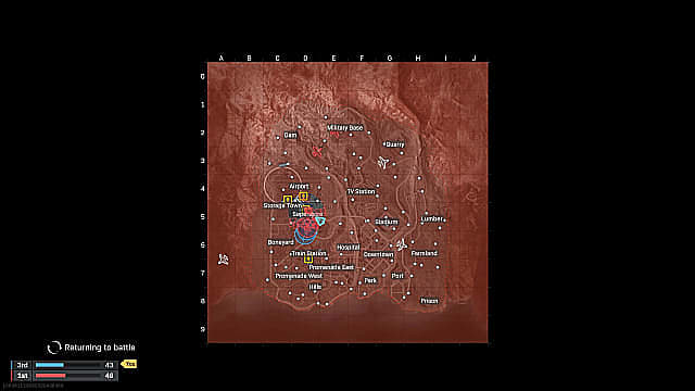 Un petit carré de la carte King Slayer Trios, recouvert de rouge, indiquant les emplacements et les positions ennemies.