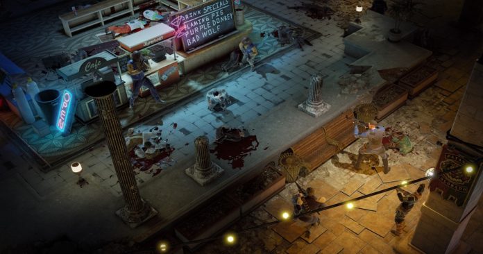 A picture of a shootout happening in the game Wasteland 3, outside of a shop