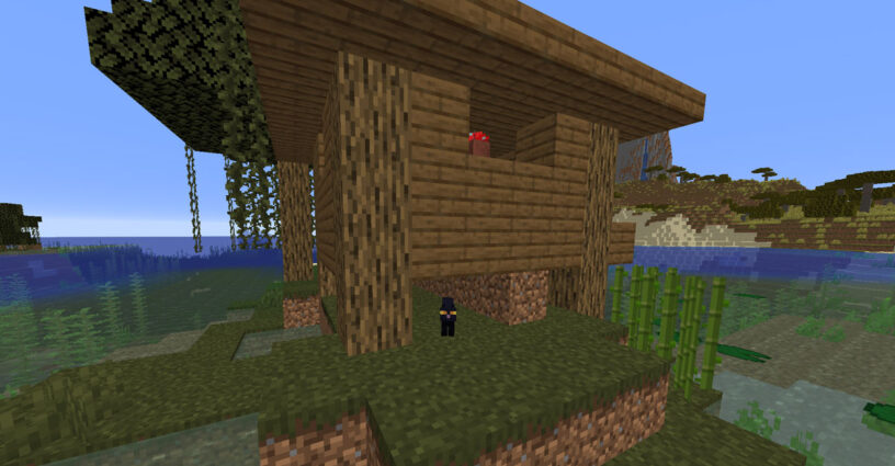 Chat noir sous une hutte de sorcière dans Minecraft