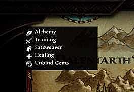 Légende de la carte d'Amalur montrant des icônes pour les gemmes de fateweaver, d'alchimie, d'entraînement, de guérison et de détachement.