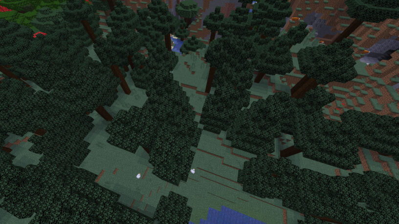 Biome de la taïga dans Minecraft montrant des renards