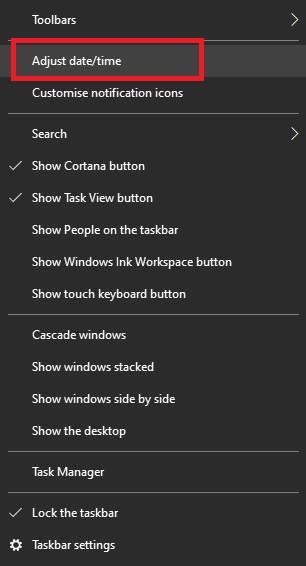 Le menu de la barre des tâches dans Windows 10 lorsque vous cliquez avec le bouton droit sur l'heure et la date