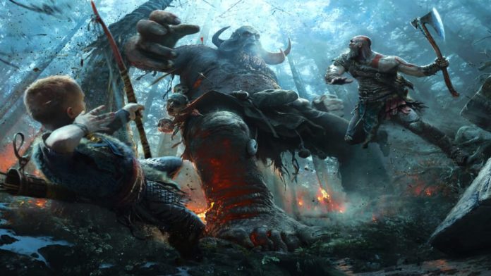 Kratos and Atreus from God of War fighting a massive troll