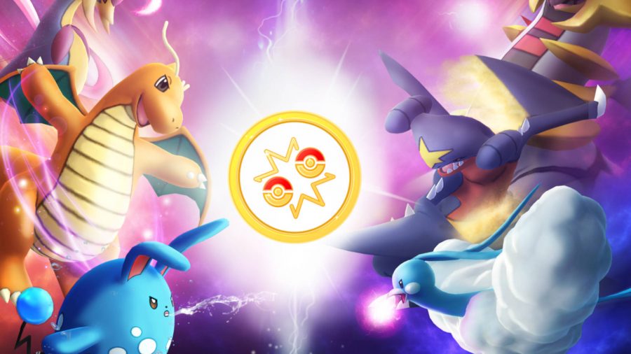 Plusieurs Pokémon s'affrontent au combat. Azumarill, Dragonite et Cresselia sont à gauche, tandis qu'Altaria, Garchomp et Giratina sont à droite.