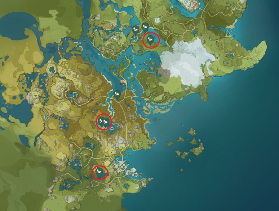 Une capture d'écran de la carte à Genshin Impact montrant les emplacements pour trouver Lotus Head