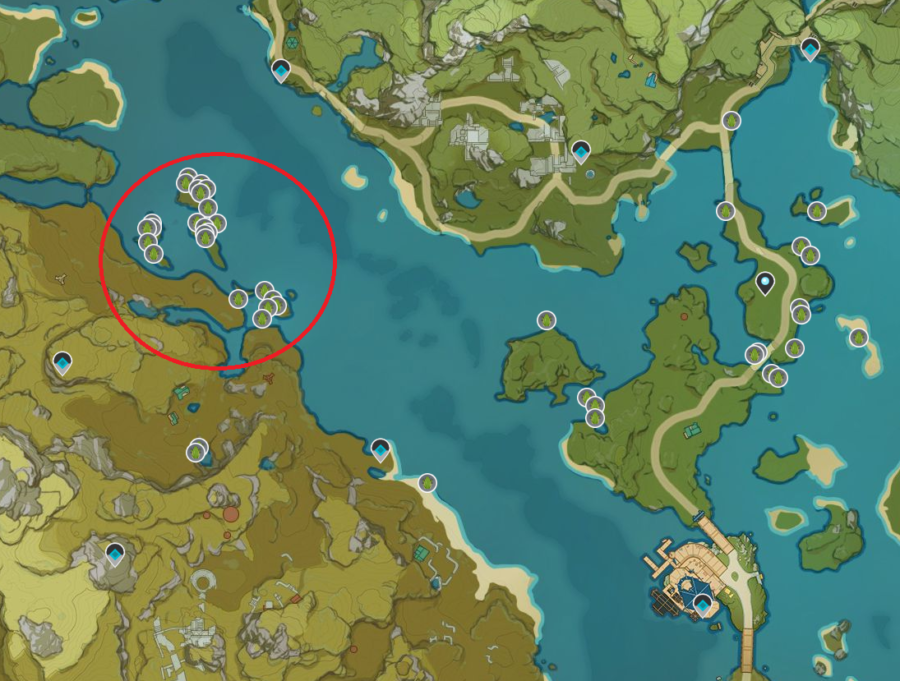 Une photo de la carte de Genshin Impact montrant l'emplacement des grenouilles